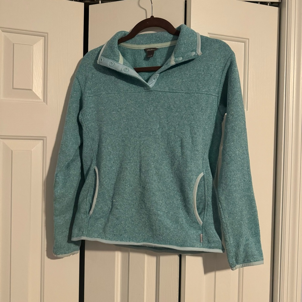 Teal Eddie Bauer fleece pullover with front pocket. Size XS